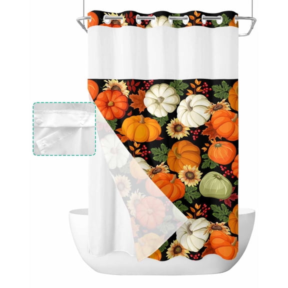 No Hook Shower Curtain with Snap in Liner, Thanksgiving Fall Harvest Pumpkin Black Background Hotel Shower Curtains for Bathroom, Washable Shower Curtain Liner Set with Mesh Top Window, 36"x78"
