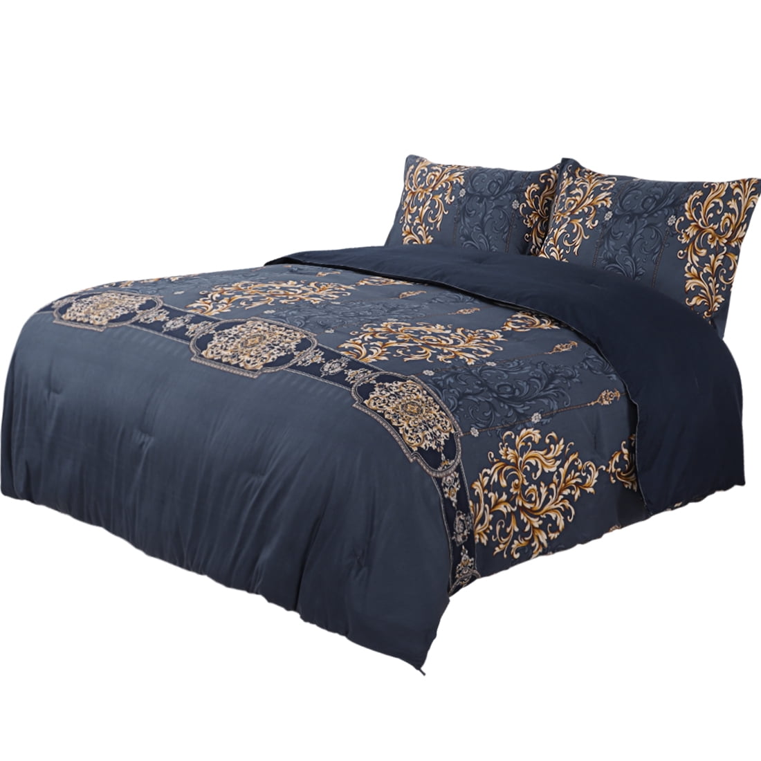 Piccocasa 3PC All Season Floral Bedding Comforter Set Twin Navy