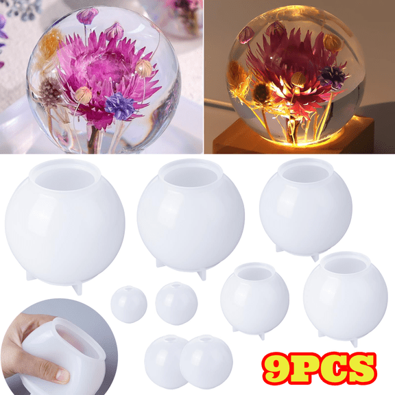 9pcs Sphere Silicone Molds for Resin, Seamless 3D Round Ball Epoxy Resin Molds for Flowers Preservation, Soap & Candle Making, Assorted Sizes