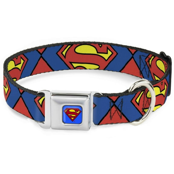 DC Comics Pet Collar, Dog Collar Metal Seatbelt Buckle, Superman Shield Close Up Blue Red Yellow, 9.5 to 13 Inches 1.0 Inch Wide