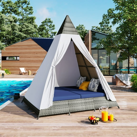 Modern Outdoor Sunbed With Colorful Pillows, Wicker Patio Daybed With Cushions, Tent Shape, 2 Color
