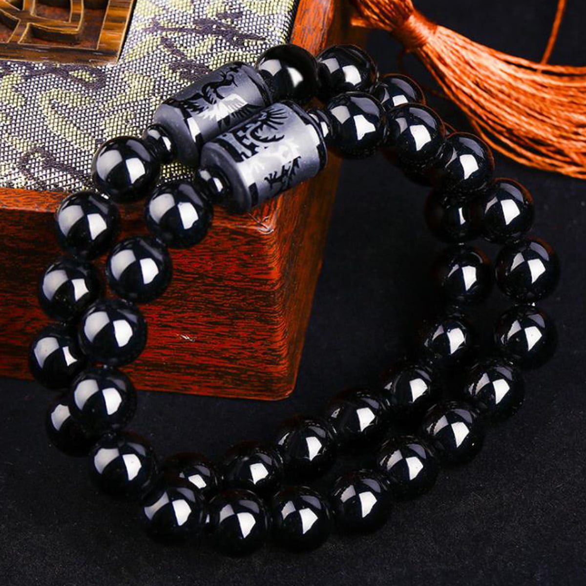 Black Obsidian Bracelet Anti-Swelling Dragon & Phoenix Handmade Fashion