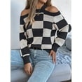 thumbnail image 2 of Women'S Color Block Checkered Off-Shoulder Long Sleeve Y2K Plaid Knitted Pullover Sweater Tops Vintage Sweater Black S, 2 of 8