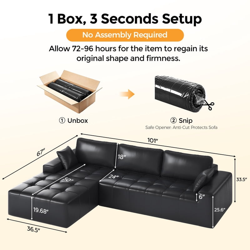 PATBRELA Sectional Sofa, 101" L-Shaped Deep Seat Cloud Couch, Modular Sofa with Back Cushion for Living Room Bedroom, PU Leather, No Assembly Required, Black (Left Facing Chaise)
