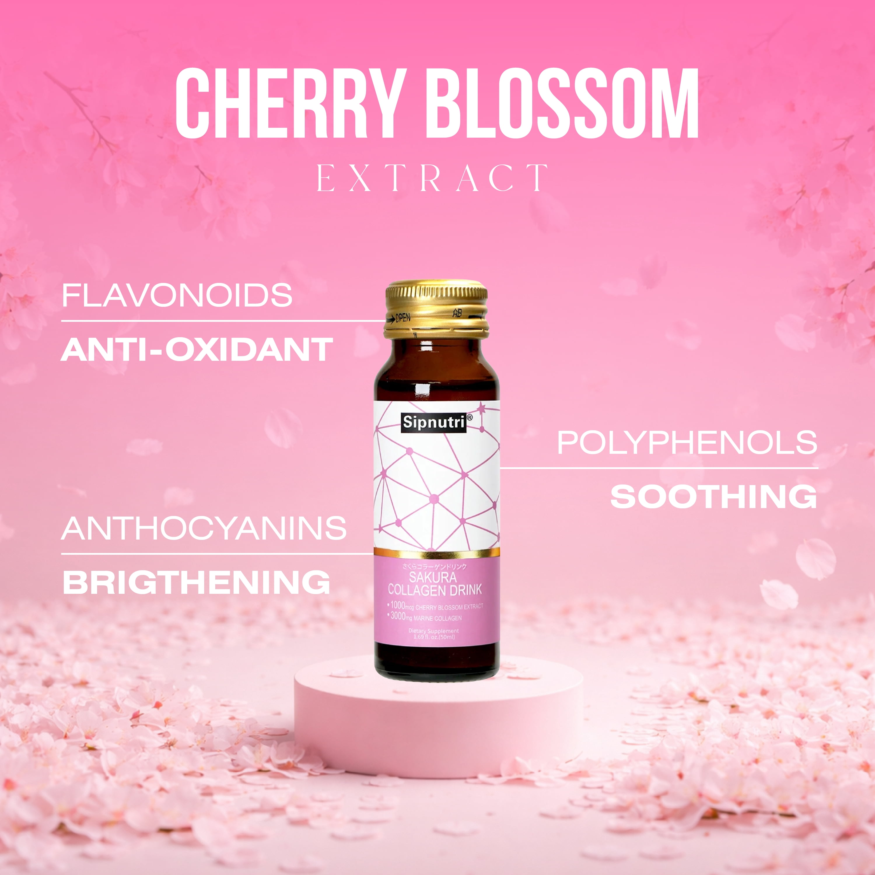 Sipnutri Collagen Drink - 3000mg Hydrolyzed Marine Peptides with Cherry Blossom & Mangosteen Extract, Supports Skin Hair Nail Health – 30 Count 1.69 fl oz x30