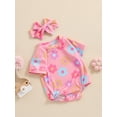 thumbnail image 6 of Aojekbee Baby Girls Summer Casual Romper Short Sleeve O Neck Floral Print Romper with Headband, 6 of 10