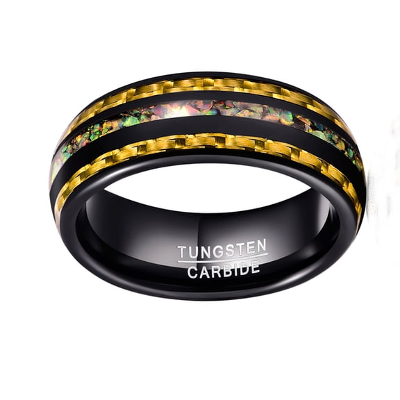 Men’s 8mm Black Brushed Carbon Fiber Broken Opal Inlaid Dome Tungsten Steel Ring