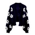 thumbnail image 4 of OGLCCG Women's Cute Flower Cropped Cardigan Long Sleeve V Neck Open Front Floral Knit Sweater Tops Winter Warm Fuzzy Cropped Sweater Coats,M,Black, 4 of 8