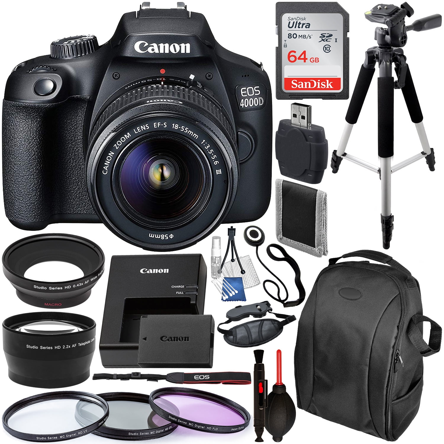 Tripod and A-Cell Accessory Bundle Case 2 Pack SanDisk 32GB Memory Card Canon EOS 4000D / Rebel T100 DSLR Camera with EF-S 18-55mm Lens 