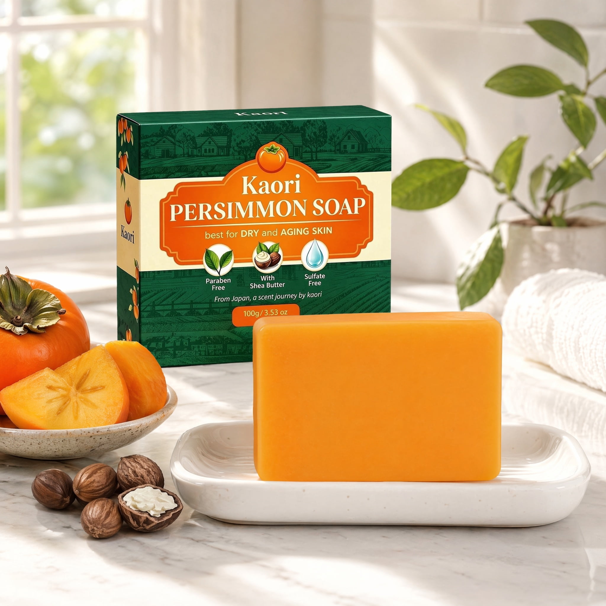 ADNOON Kaori Persimmon Soap, Japanese Persimmon Soap for Old People Smell, Gentle Cleansing Body, Handmade Natural Soaps For Better Skin, For Underarms & Feet, for Men & Women (1PCS)
