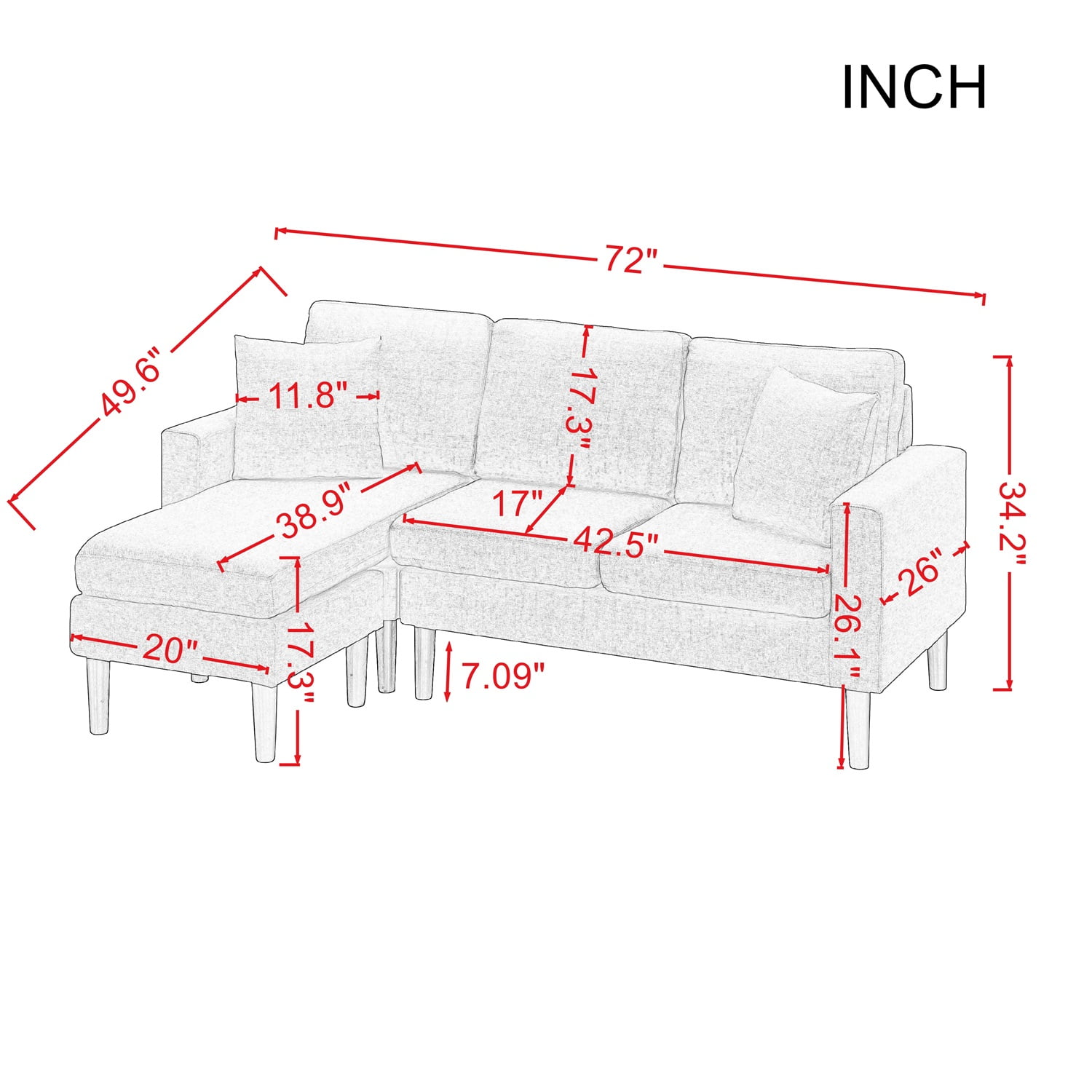Kadyn 72" Sectional Sofa, L-Shaped Sofa with 2 Pillows, Fabric 3-Seat Sofa for Living Room, Navy Blue