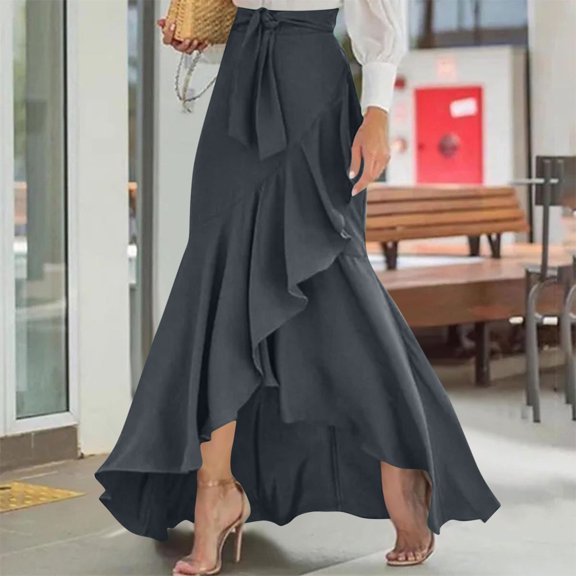 OSFVNOXV Boho Skirts for Women High Waist Tie Front New Trendy Asymmetrical Hem Ruffle Flowy Maxi Long Skirts for Cocktail Party