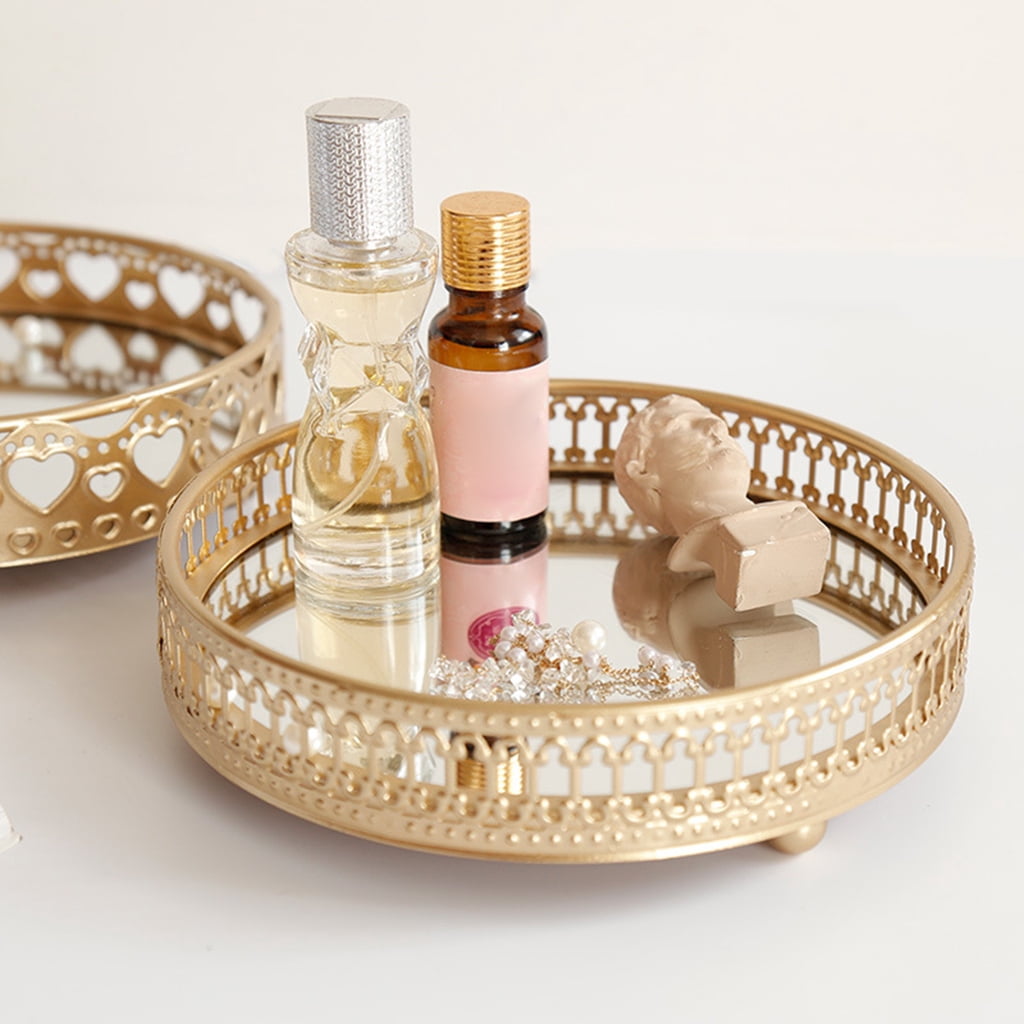 COBBEKO Nordic Luxury Metal Mirror Tray Round Candle Plate Desktop Jewelry Storage Organizer for Coffee Table Dresser Bathroom