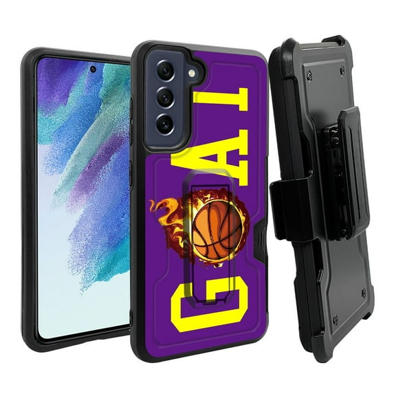 ANJ  Rugged Dual Layer Hybrid Holster Kickstand Case w/ Card Slot   Tempered Glass Cover for Samsung Galaxy S21 FE 5G - The GOAT in Basketball