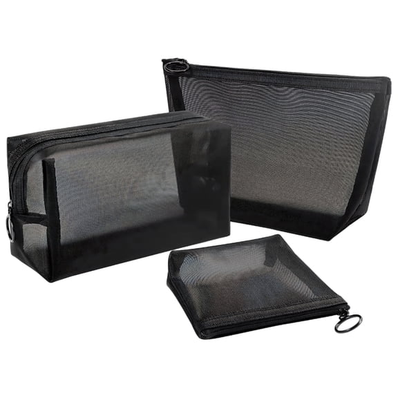 3 Pcs Mesh Cosmetic Bag Set, Large Medium Small Black Square Makeup Bags, Travel Makeup Storage, Transparent Zipper Closure Small Pouch for Toiletry Accessories
