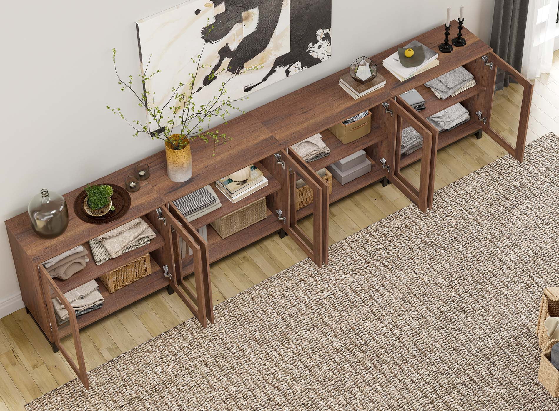 4 in 1 Sideboard Buffet with 8 Glass Doors & Adjustable Shelf, Modern Wood Grain Storage for Living Room, Kitchen,Brown