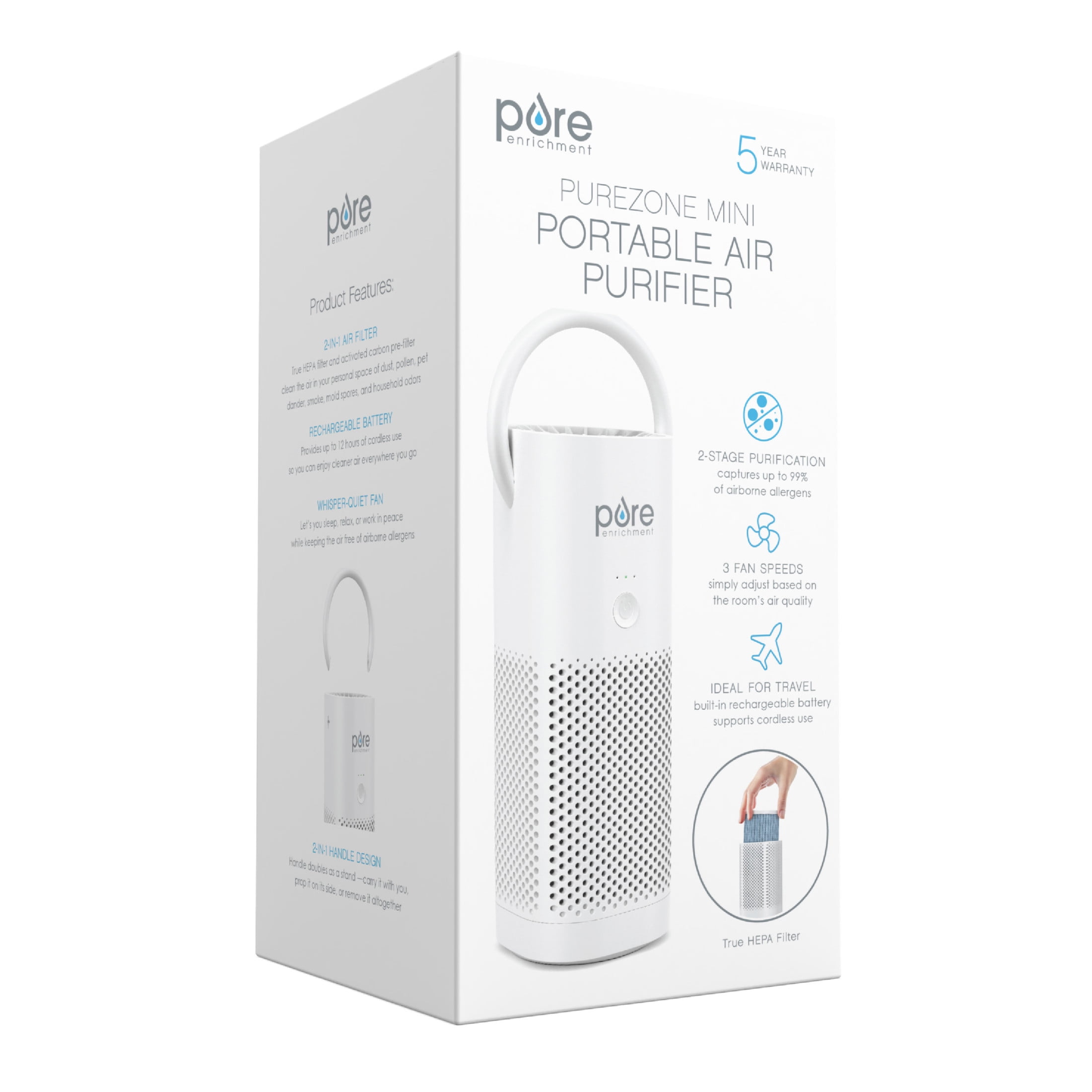 Pure Enrichment PureZone Mini Portable Air Purifier - Cordless True HEPA Filter Cleans Air & Eliminates 99.97% of Dust, Odors, & Allergens Close to You - Cars, School, & Office (White)