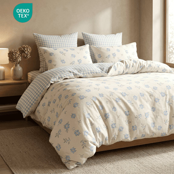 NAYOROOM 3 Pieces Blue White Floral Reversible Gingham Pattern Duvet Cover Queen Set, Soft Floral Bedding Set for Adults