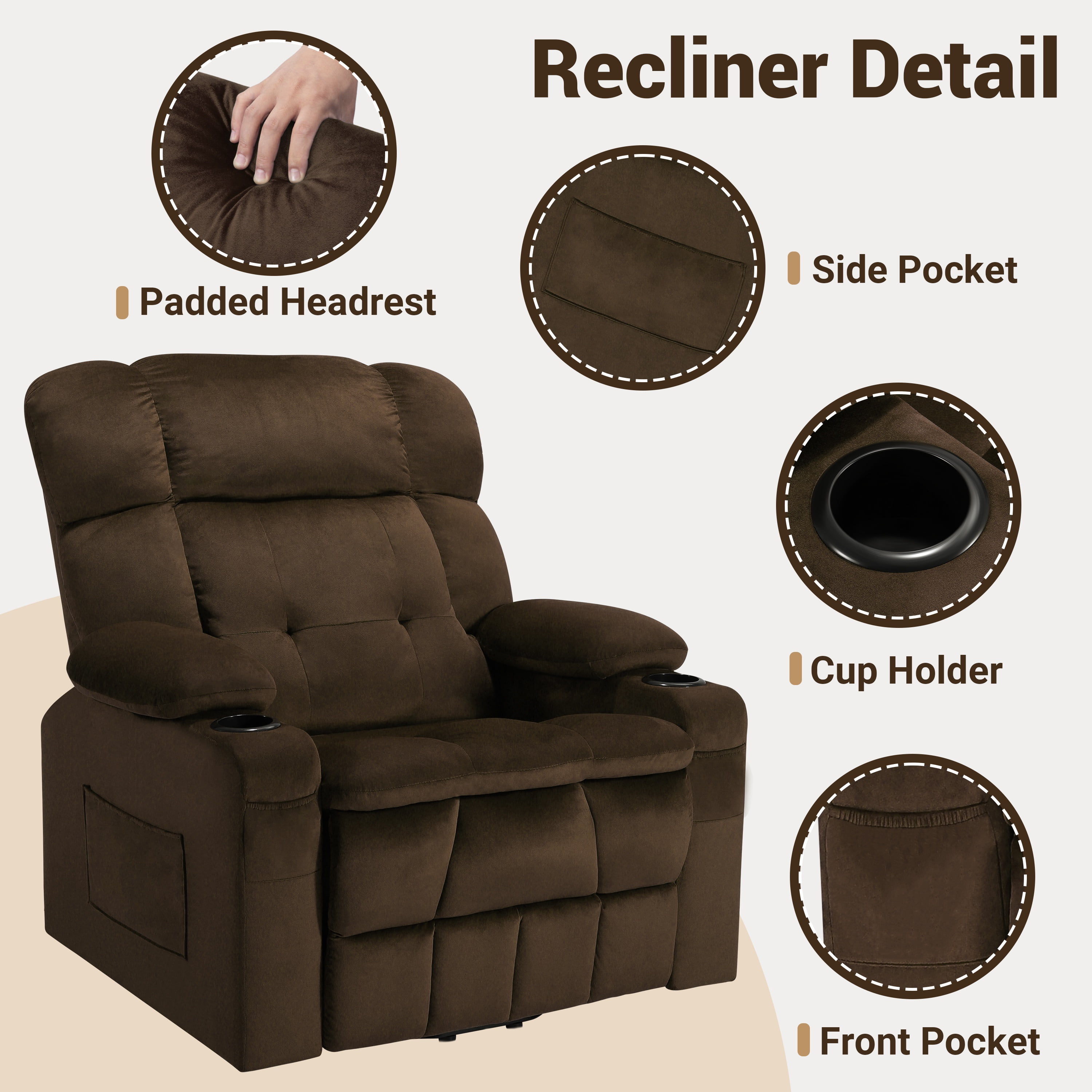 Oversized Power Lift Recliner, LEGAHOME 26in Large Wide Lift Chair for Elderly, Massage Recliner with Heat for Big and Tall Adults, Living Room Recliner Chair with Cup Holders, Brown