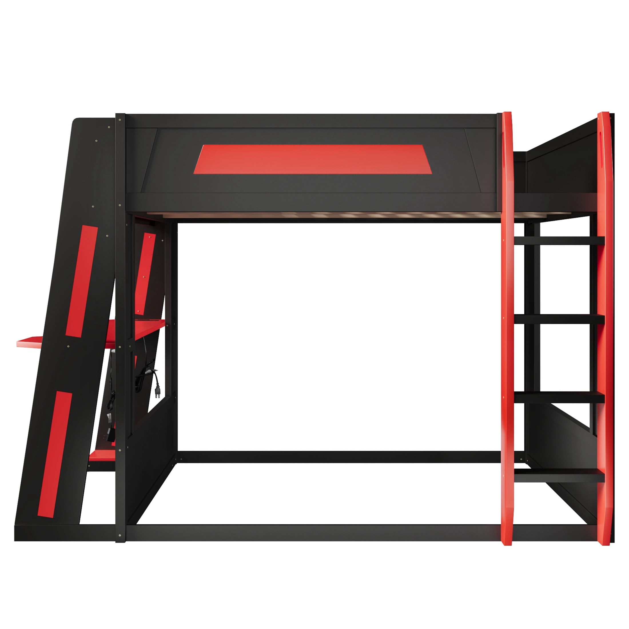 Noble House Nira Queen Gaming Bunk Bed with Desk and LED Lights, Wood Loft Bed with Charging Ports, Black and Red