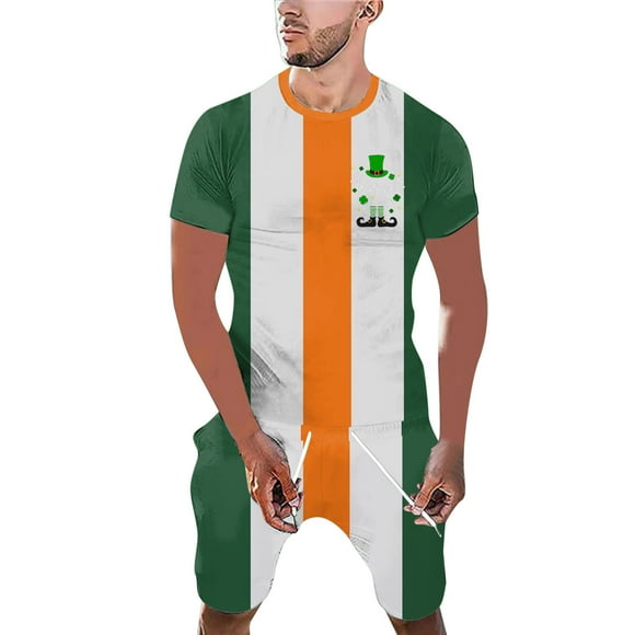 TSADFHJI Mens Flannel Pajama Pants Mens St Patricks Day Printed Crew Neck Short Sleeve Shorts Suit Xxl Orange