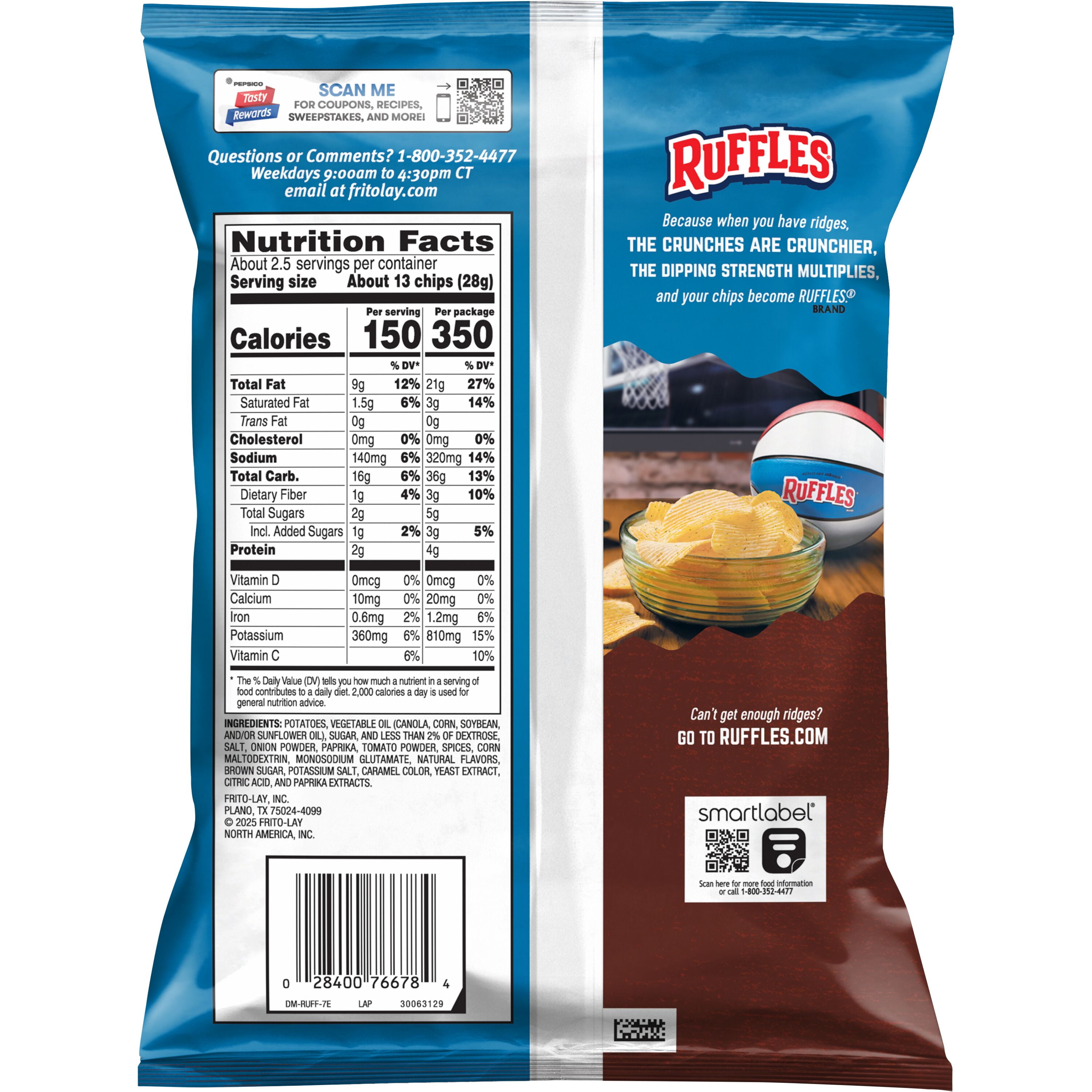 Ruffles Smokehouse BBQ Potato Chips, 2.25 oz Bag