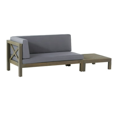 Elisha Acacia Wood Outdoor Left Arm Loveseat and Coffee Table Set with Cushion, Gray and Dark Gray