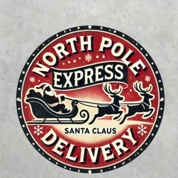 HELLOYOUNG Vintage Round Aluminum Sign: Santa Claus & Reindeer Sleigh Design – "North Pole Express" Festive Wall Art with Snowflakes,