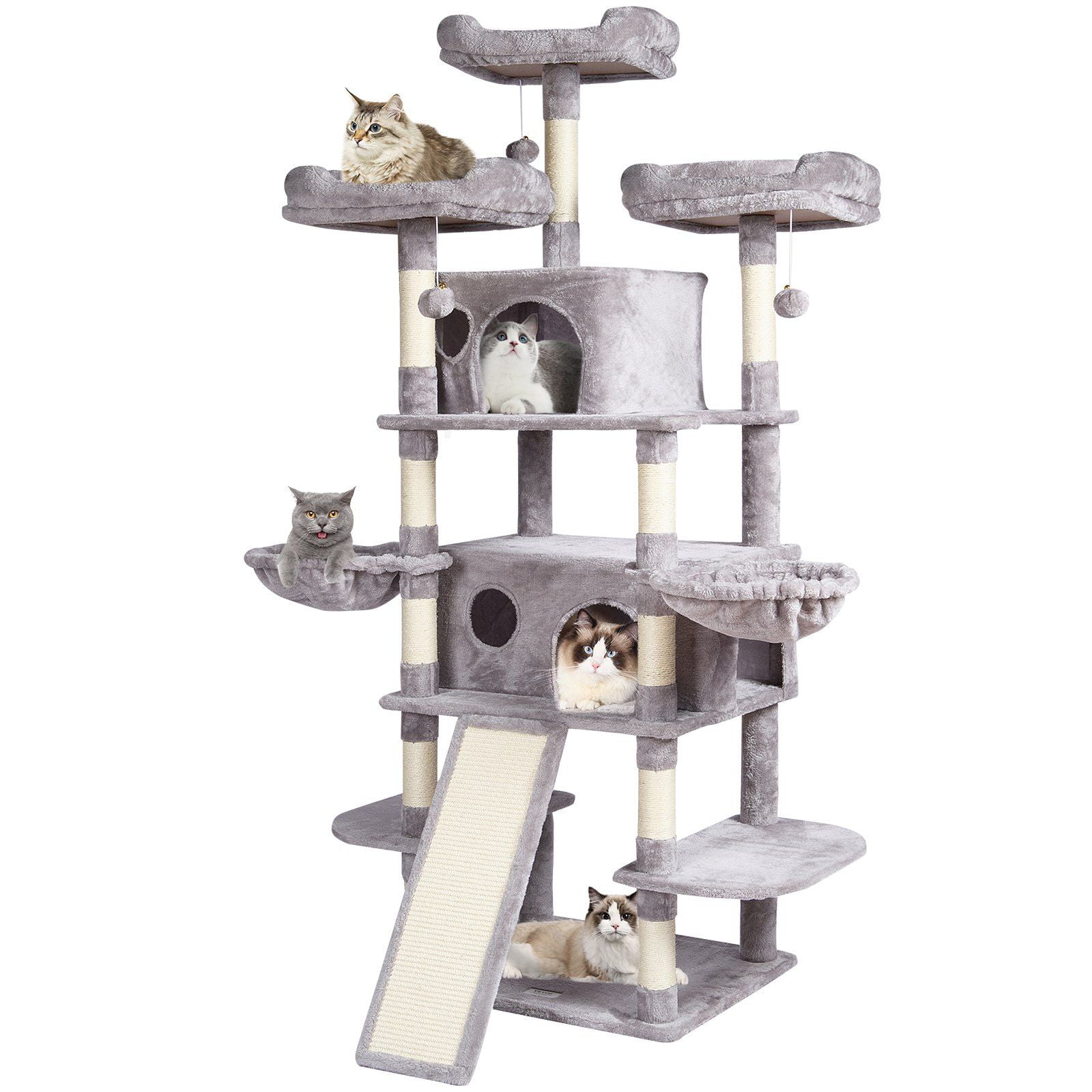 68.5" Tall Cat Tree Tower with 2 Condos, Scratching Posts, Perches, Plush Ramp & Dangling Toy for Indoor Cats