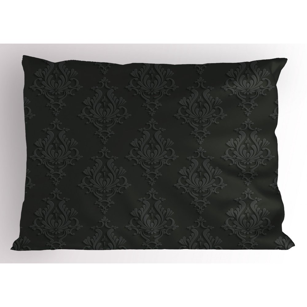 Dark Grey Pillow Sham Antique Damask Pattern in 3D Style Classic Old