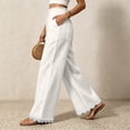 thumbnail image 7 of Women's Lightweight Lace Hem Beach Pants Ruffle Elastic Waist Wide Leg Palazzo Pants Textured Summer Pockets Casual Pants Fashion Bottoms White, 7 of 7