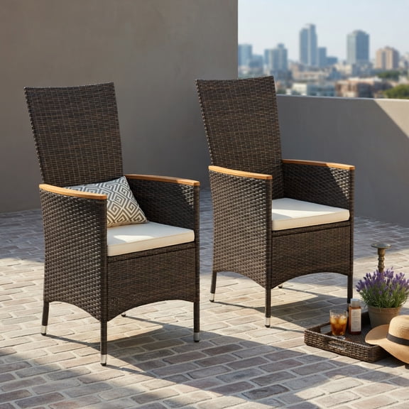 Hommoo 2-Piece Outdoor Wicker Dining Chair Set, High-Back PE Rattan Patio Chairs with Cushions, Acacia Wood Armrests & Heavy-Duty Metal Frame for Backyard, Porch or Poolside, Natural