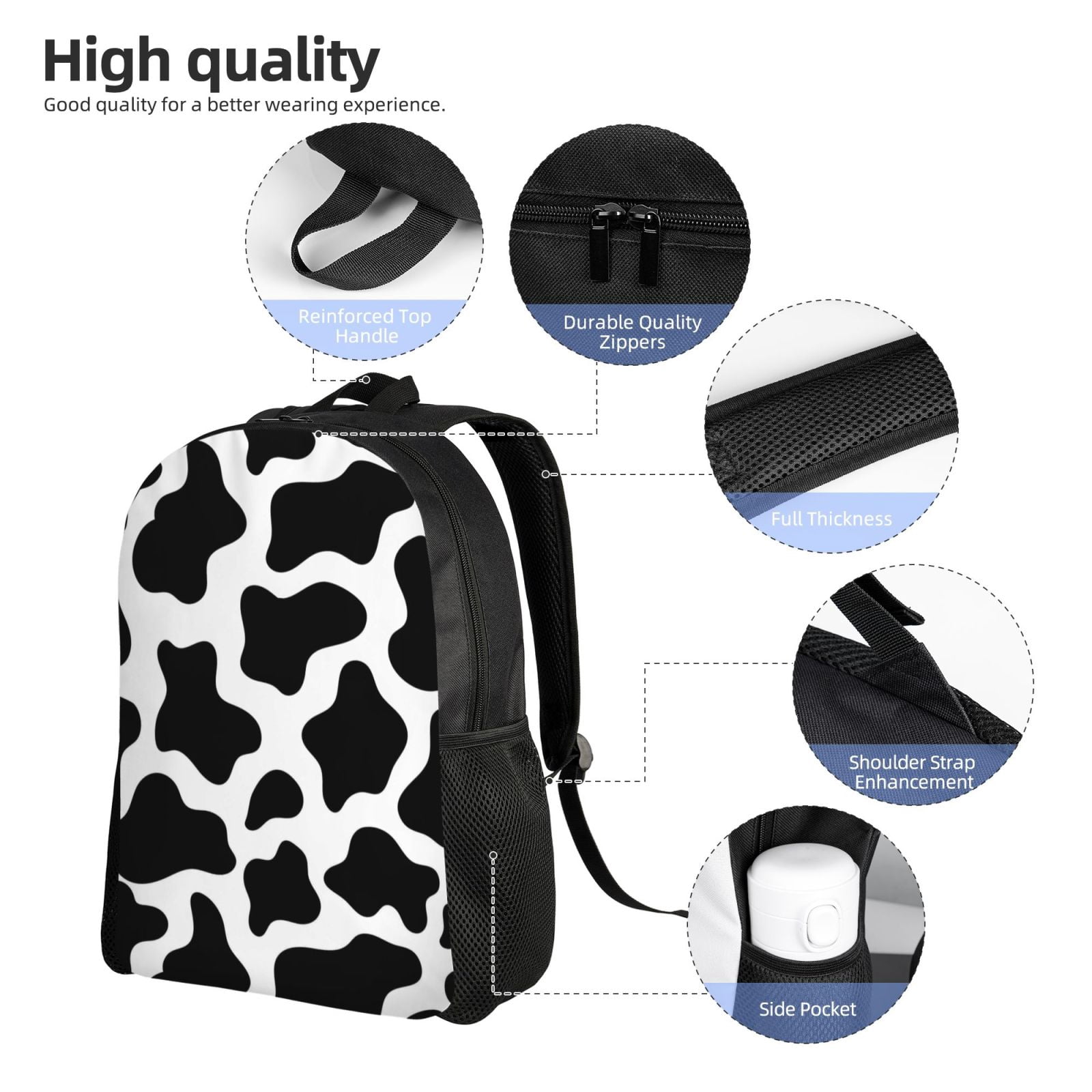Xecao Cow Print Black White Print School Backpack with Laptop Compartment Small Travel Laptop Backpack for Women Men Waterproof College Backpack Simple School Bag