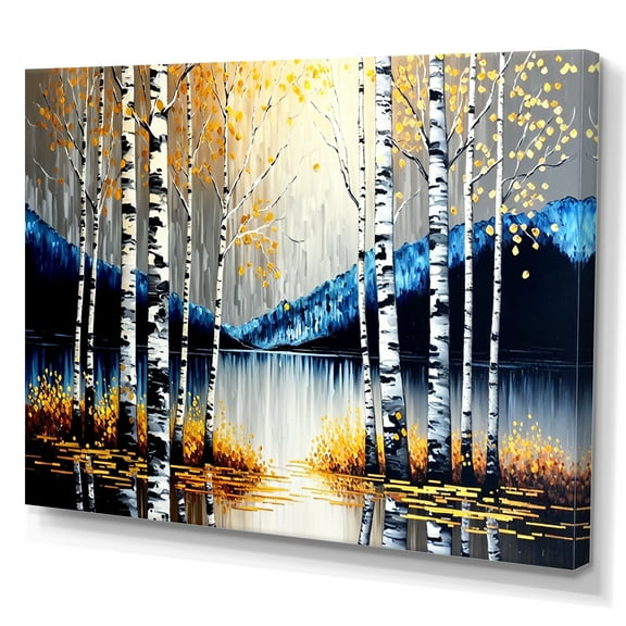 Designart Monochrome Golden Birch Trees By The River IV Canvas Wall Art