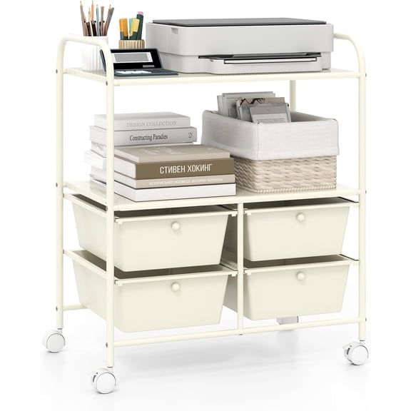 CRXX Rolling Storage Cart w/ 4 Drawers 2 Shelves Metal Rack Shelf Home Office School Beauty Salon Utility Organizer Cart with Wheels, Ivory