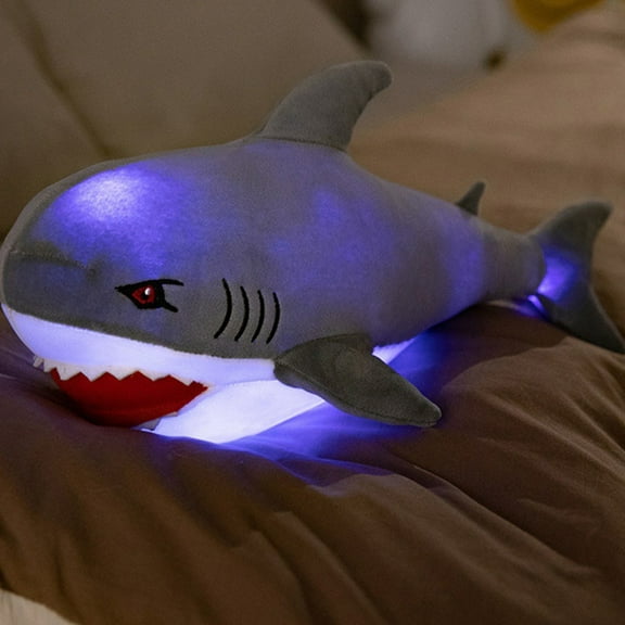 11in Glow-in-The-Dark Fish Stuffed Animal | Soft Cotton LED Night Light Plush & Ocean Decor Gift for Kids grey