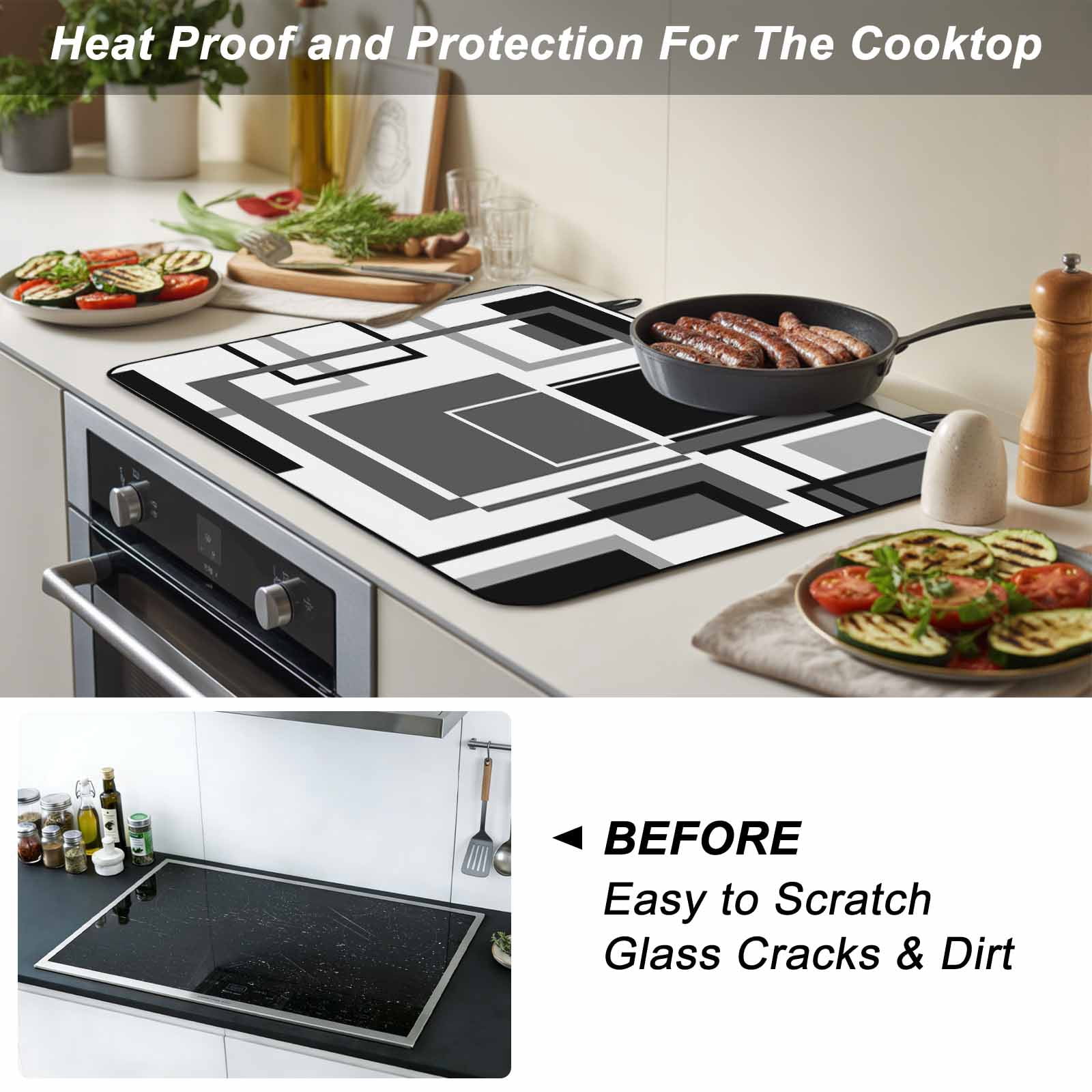 Black Grey Geometric Stove Top Cover for Electric Stove, Heat-proof & Non Slip Glass Top Stove Cover Protector, Gray Abstract Striped Art Kitchen Flat Cooktop Rubber Mat 24x21 Inches