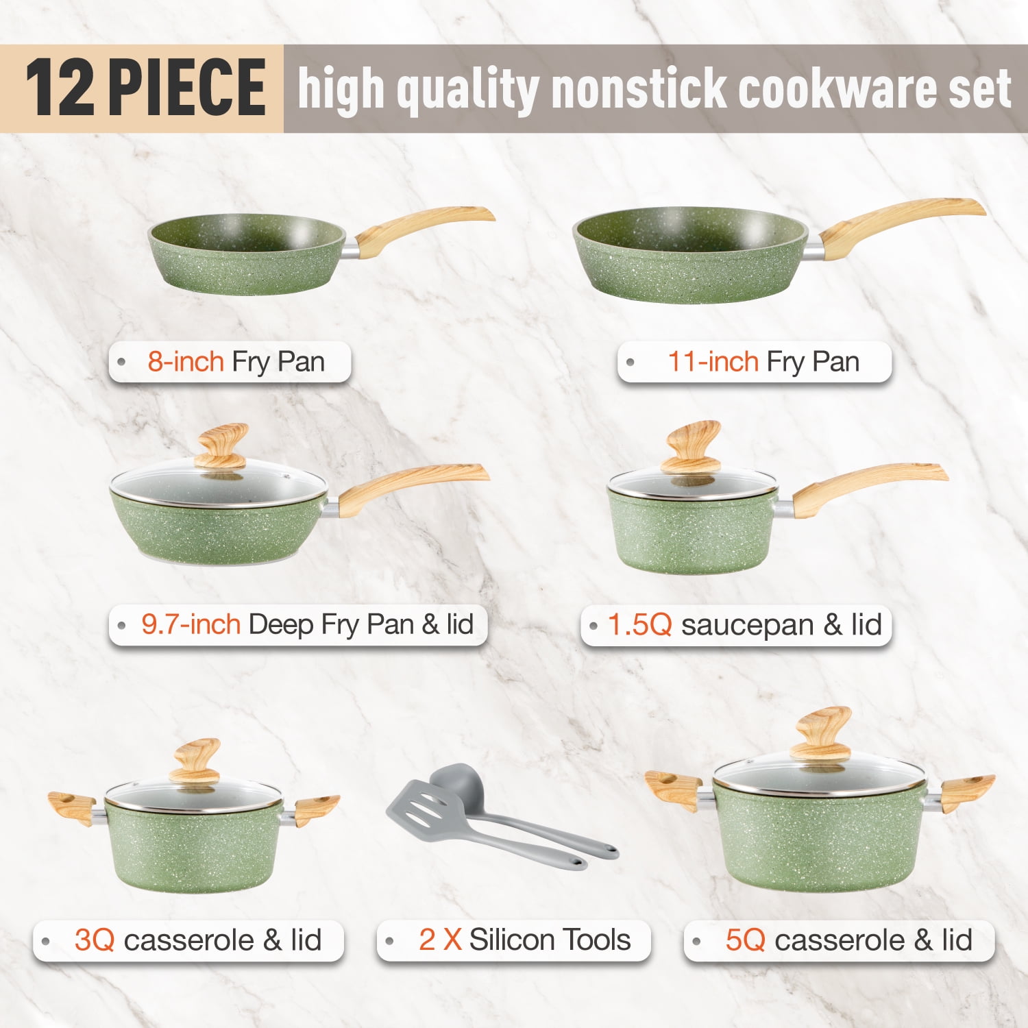 MF Studio 12 Pieces Cookware Set Granite Nonstick Pots and Pans Set Induction Compatible, Green
