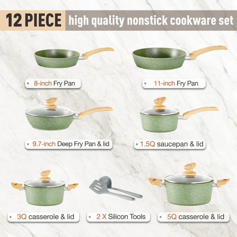 MF Studio 12 Pieces Cookware Set Granite Nonstick Pots and Pans Dishwasher  Safe, Green 