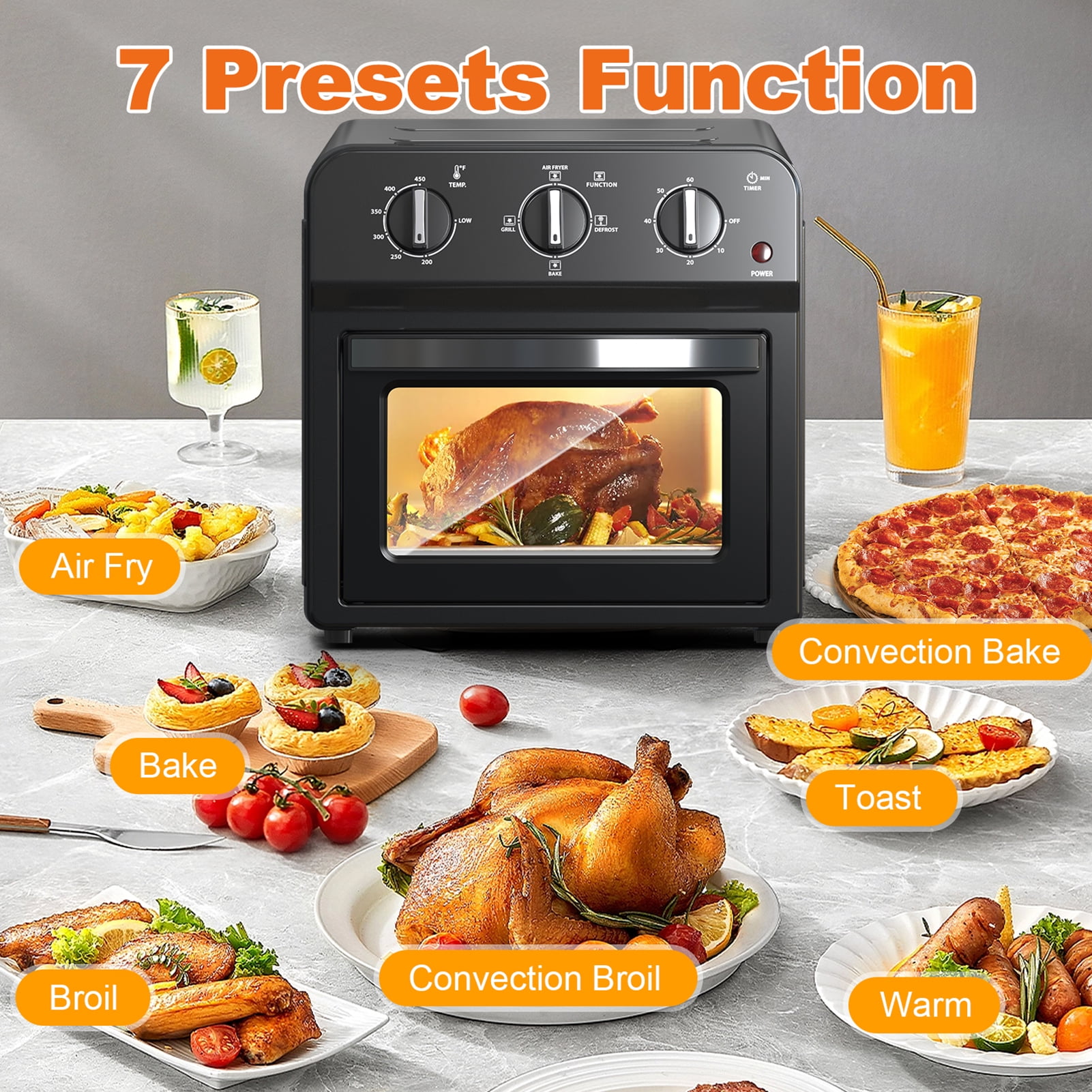 13QT Black 7-in-1 Air Fryer Oven – Adjustable Wind Speed, Low-Oil Crispy Meals for Family of 4