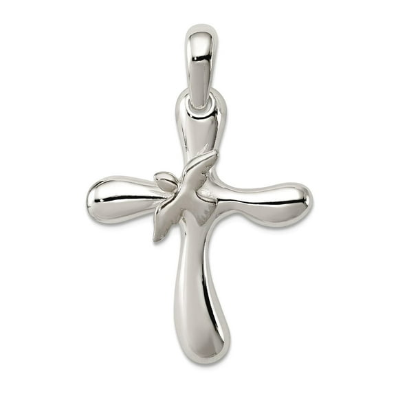 925 Sterling Silver Solid Polished Freeform Religious Faith Cross With Dove Pendant Necklace 39x25mm Wide Pendant for Wo