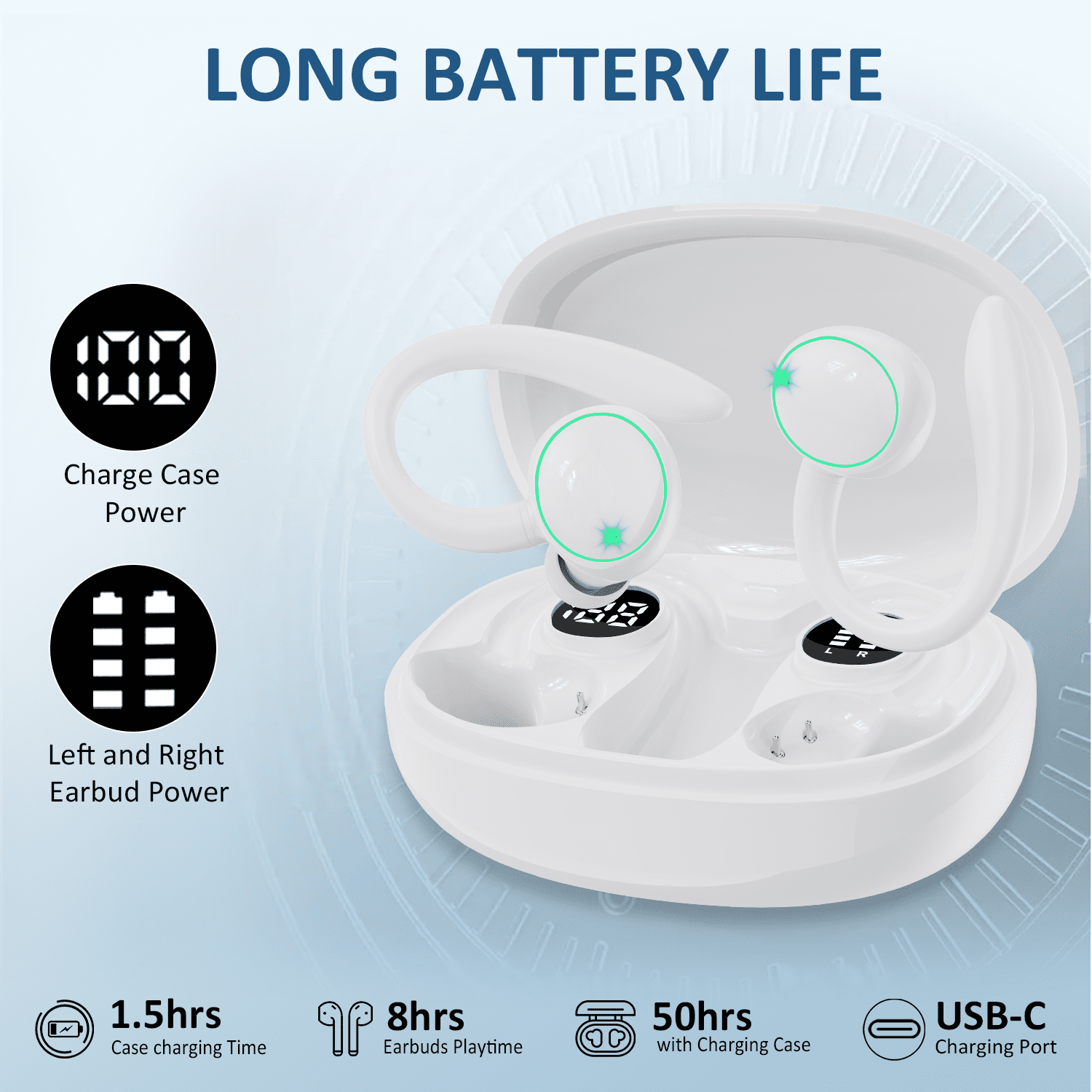 Wireless Earbuds, Bluetooth 5.4 Headphones Sports, 50H Playback Over Ear Earbuds with ENC Noise Cancelling Mic, Deep Bass Fitness Earphones Gym Running Workout with Earhooks, IP7 Waterproof Headset