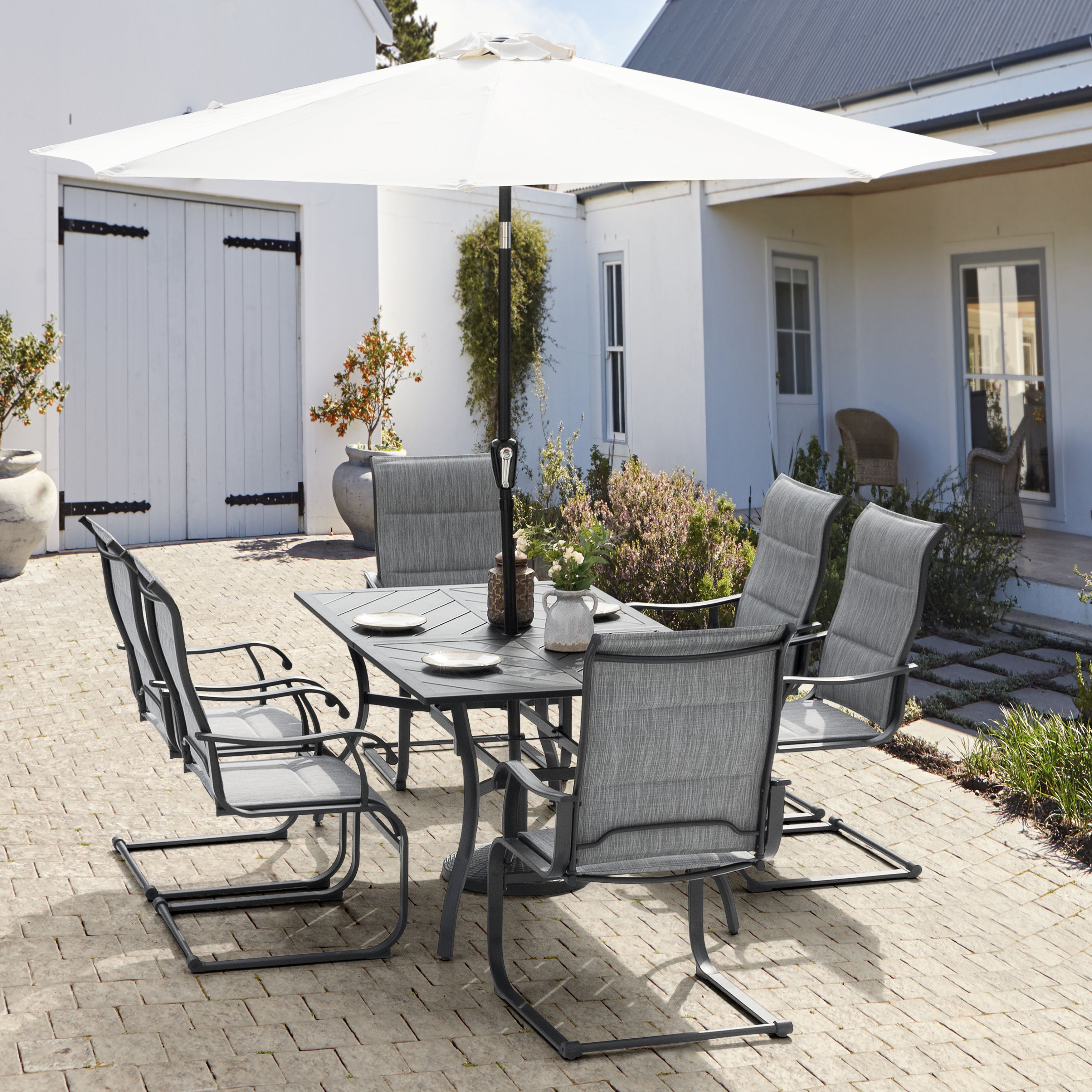 Nuu Garden 7 Piece Outdoor Dining Set, Outdoor Padded Textilene Patio Chairs and 61'' Rectangular Dining Table with Umbrella Hole, Grey & Black