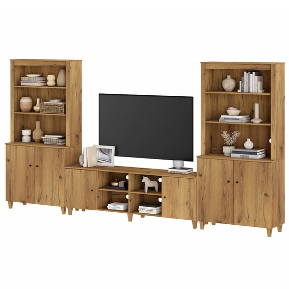 Modern TV Stand and Bookcase Set with Cabinets & Shelves for 75" TVs,Oak Brown