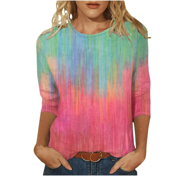 VALMASS 3/4 Sleeve Crewneck Shirts for Women Casual Color Block Lightweight T-Shirts Summer Basic Loose Tops Tee