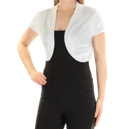 Belted Petite Cardigan - SIGNATURE Womens White Short Sleeve Open Cardigan Top Petites Size: L