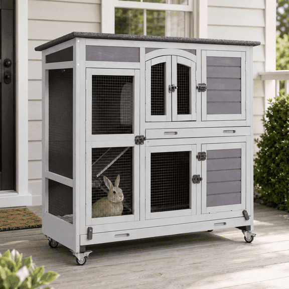 Aivituvin Wood Rabbit Hutch Bunny Cage with Wheel, Two Layer Guinea Pig House for Outdoors & Indoors