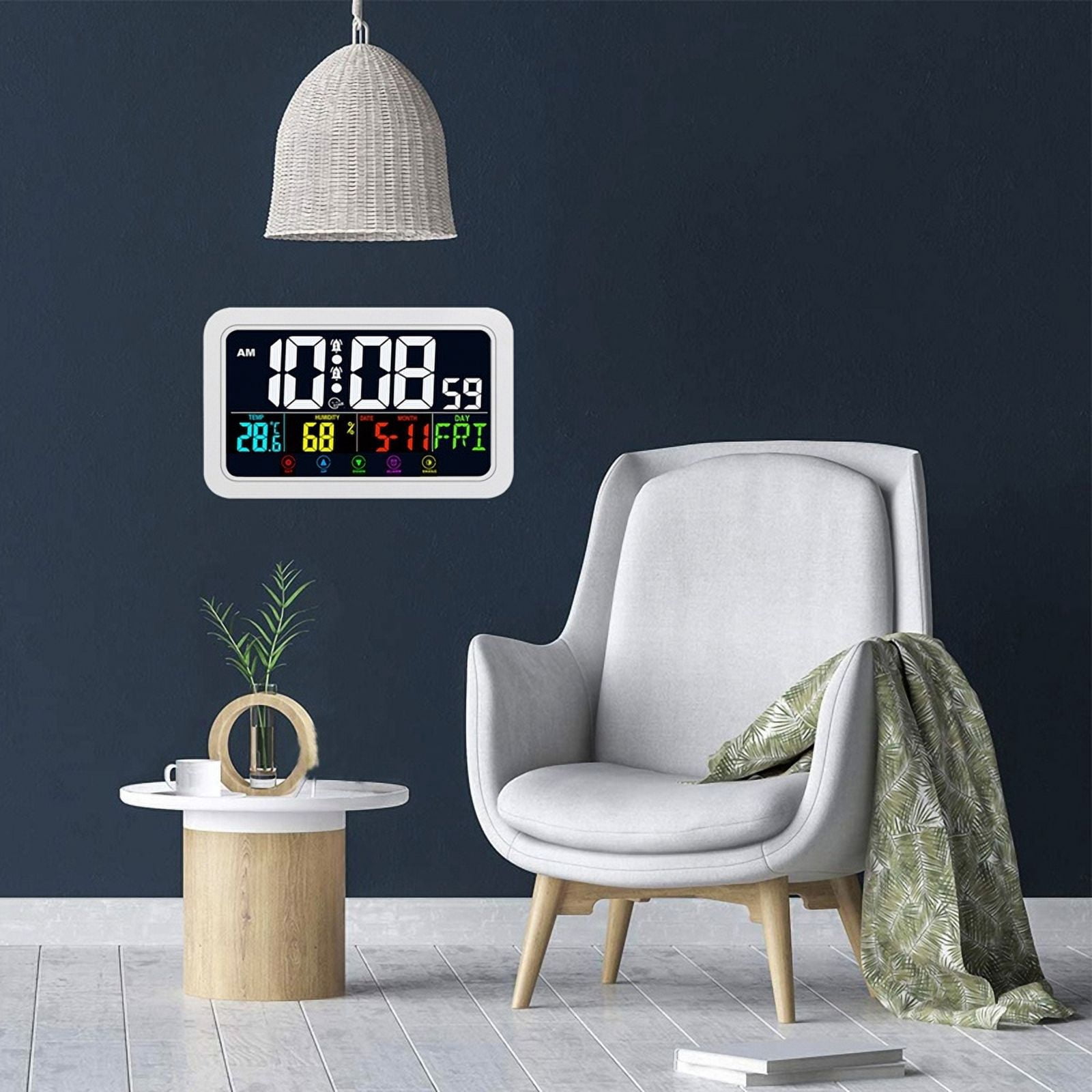 Digital Wall Clock, Digital Clock Battery Operated,8 Inch Desk Clock with Temperature Humidity Day Date White