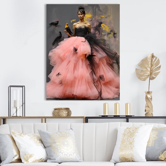 Designart "Black and Pink Surreal Fashion Queen" Inspirational Canvas Wall Art - Glam Pink Fashion Hallway Wall Art Decor