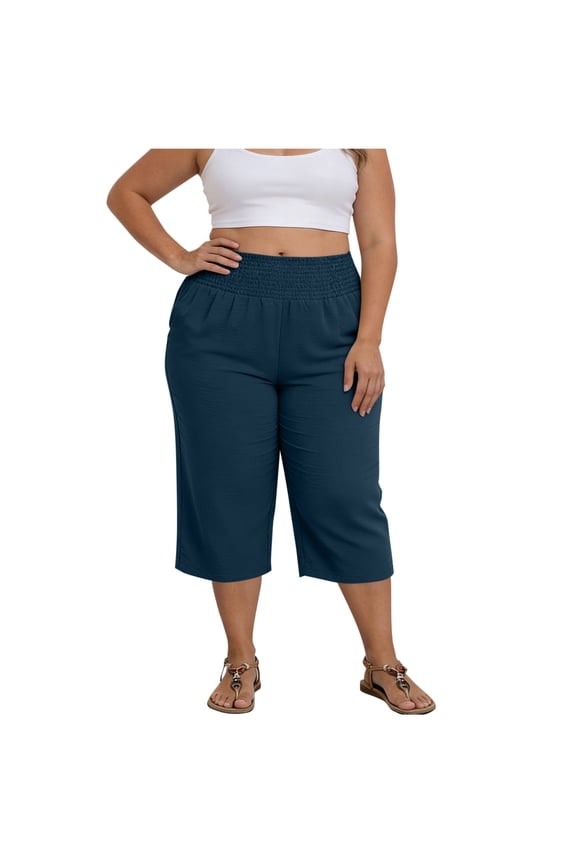 Capri Pants for Women Plus Size Stretch High Waisted Smocked Capris with Pockets Loose Lightweight Straight Leg Cropped Trousers Blue 2XL